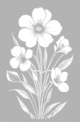 Wall Mural - white graphic linear drawing of a branch of flowers on a gray background, design