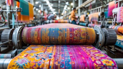 Wall Mural - A busy textile factory with colorful fabrics being woven on large looms, workers monitoring the process 