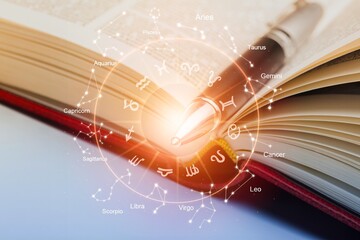Wall Mural - pen and astrology book. wheel projection with zodiac sign.