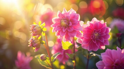 Wall Mural - Close Up of Pink Dahlia Flowers in a Sunlit Garden