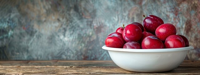 Wall Mural -  A white bowl holds red apples on a wooden table Nearby, a gray and green wall stands
