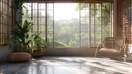 Poster - A bright, airy room with large windows overlooking a lush green forest. Sunlight streams through the windows, illuminating a wicker chair and potted plants.
