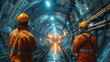 © Дмитро Петрина - workers construct the tunnel in the rock with modern equipment and boring machines