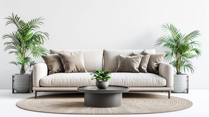 Wall Mural - A white couch is sitting in front of a coffee table with a potted plant on it