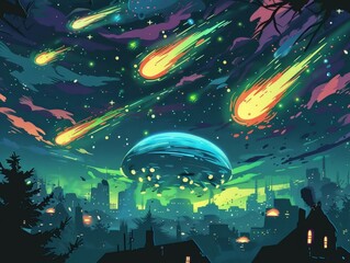 Wall Mural - Awe Inspiring Alien Visitation During a Celestial Meteor Shower Illuminating the Nighttime Skyline