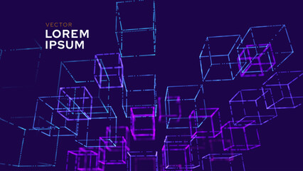 Fototapete - Big Data 3D Cubes Quantum Computer Server Concept Background. 3D Blockchain Cube Blocks Concept. Data Core Abstract Cubes. Artificial Intelligence HUD Design Vector BG.