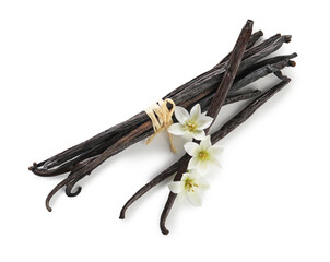 Wall Mural - Vanilla pods and flowers isolated on white. top view