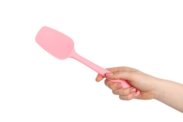 Wall Mural - Woman with pink spatula on white background, closeup