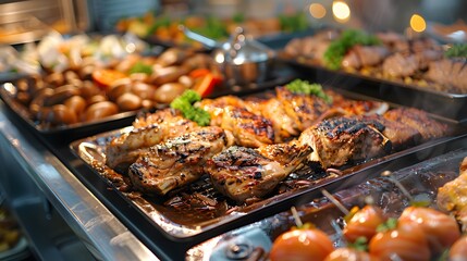 Wall Mural - a festive indoor catering buffet scene at a restaurant, showcasing a variety of grilled meats being served. Perfect for any celebratory event, party, or wedding reception