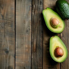 Two halved avocados with visible seeds are arranged on a rustic brown wood table.