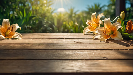 Wooden board, beautiful flowers in summer in nature blossom