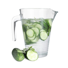 Wall Mural - Refreshing cucumber water with rosemary in jug and vegetables isolated on white