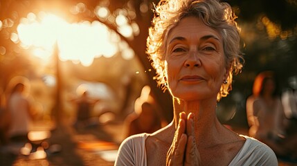 Poster - Mature woman practicing yoga in group outdoors, defocused people on background.