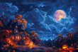 © Людмила Мазур - A dark and eerie scene with a large moon in the sky. The moon is surrounded by bats flying in the air. The scene is set in a town with a castle in the background