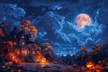 Wall Mural - A dark and eerie scene with a large moon in the sky. The moon is surrounded by bats flying in the air. The scene is set in a town with a castle in the background
