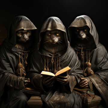 Three black cats are dressed in robes and holding a red bag. Scene is dark and mysterious