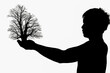 © STOCK PHOTO 4 U - Silhouette of Man Holding Tree in Hands Against White Background Symbolizing Nature Conservation and Environmental Awareness