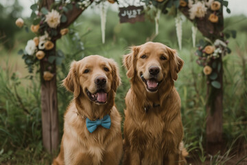 Outdoor wedding of white golden retrievers in a meadow under an arch, boho style