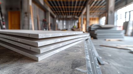 Wall Mural - Stacks of construction panels on a worksite with blurred background.