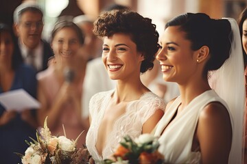 Wall Mural - Wedding, commitment and happy lesbian couple at altar with smile, love and minister for ceremony