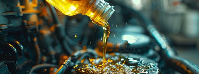  A tight shot of oil flowing from a bottle onto a conveyor belt, surrounded by metal objects in the background