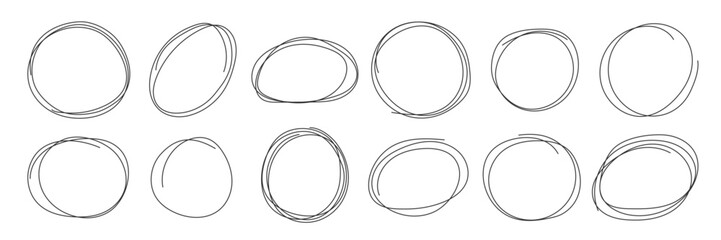Poster - Doodle outline round frame highlight collection. Hand drawing sketch circle ellipse set. Element for highlighting important notes. Marker pen hand drawn circular shapes