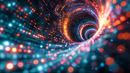 A digital tunnel formed by glowing green binary code. The code appears to spiral inward as it recedes into the distance. The background is dark