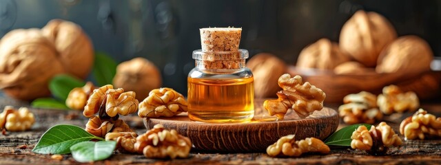  A bottle of honey sits atop a wooden table Nearby, a wooden bowl holds walnuts and leaves