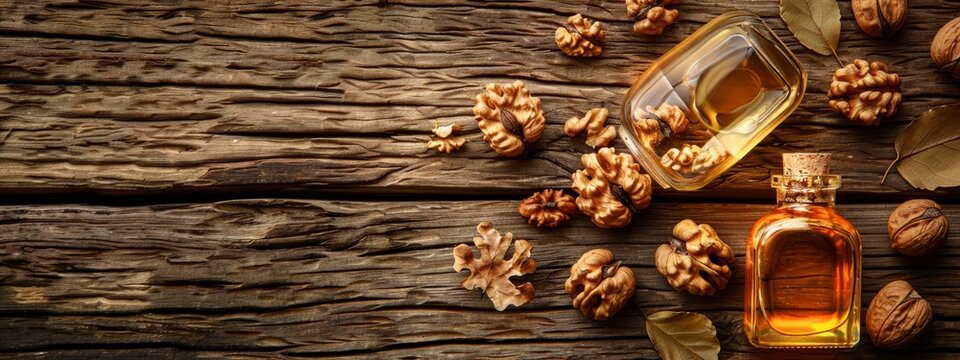  A bottle of walnut oil rests on a wooden table, nearby sits a cluster of walnuts and fallen leaves