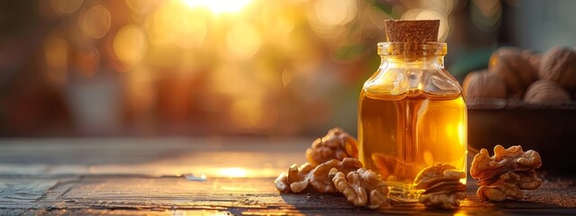 Wall Mural -  A bottle of almond oil sits atop a wooden table, near bowls of almonds and nuts