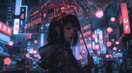 Wall Mural - Anime girl in a futuristic city, holding a rain umbrella and looking at the camera.