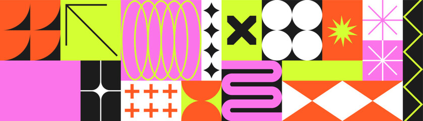 Wall Mural - geometric bright colour pattern print background, bauhaus shapes pattern, bauhaus neo brutalism abst