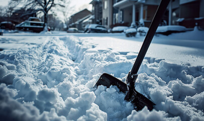 Wall Mural - Snow shovel in the snow on a sidewalk in a neighborhood, select focus 