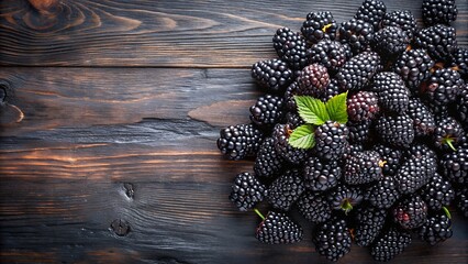 Wall Mural - blackberries with a bright green leaf placed among them, arranged on a dark wooden surface
