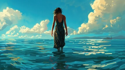 A woman in a long dress walks along the ocean against a background of blue sky and white clouds.