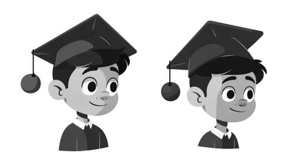 Sticker - A cartoon boy in a graduation cap representing a university student is portrayed in a sleek black and white isolated design as a 2d illustration