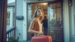 © Ratthamond - A young woman, suitcase in hand, departs her daytime-lit home through the front door.