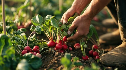 Wall Mural - A man in boots pulls radishes out of the soil in the garden close-up of his hands.