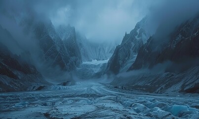 illustration of majestic frozen glacier with blue icy rocks in valley under gloomy sky