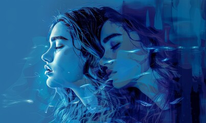 Wall Mural - split personality. illustration of sad and moody female in clothes with long hair with eyes closed on transparent glass wall in blue background neon light