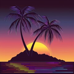 Wall Mural - Retro Sunset with Palm Trees on a Small Island