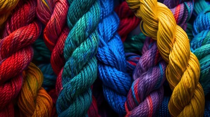 Abstract background with a colorful rope texture, symbolizing unity and strength, a creative concept for design. Closeup view of knotted colorful ropes on a black backdrop