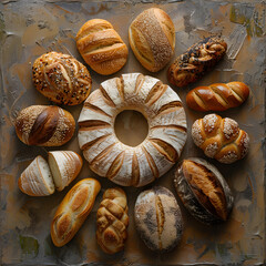 Wall Mural - A variety of bread types arranged in a circle for still life photography