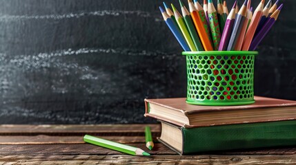 Wall Mural - Colorful school stationery on table on blackboard background. AI generated illustration