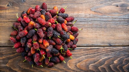 Wall Mural - fresh mulberries resting on a rustic wooden surface. The berries showcase a gradient of colors from deep purple to red