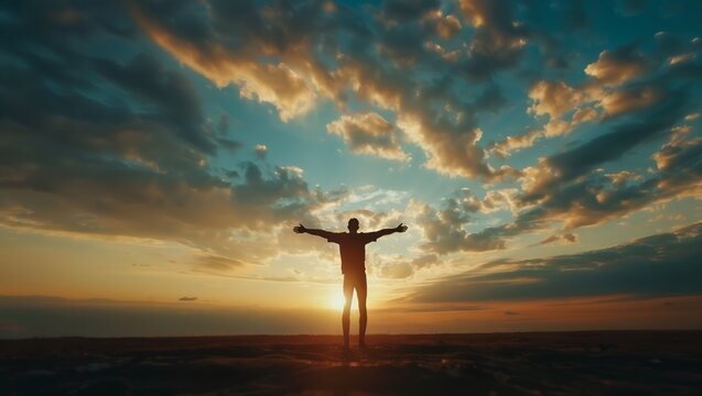 A person stands with arms outstretched against a stunning sunrise or sunset backdrop, surrounded by clouds and a wide expanse of sky.