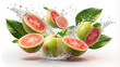 © melandaaini - guava fruits amidst a dynamic splash of water, with whole and sliced guavas surrounded by fresh green leaves