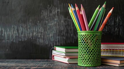 Wall Mural - Colorful school stationery on table on blackboard background. AI generated illustration