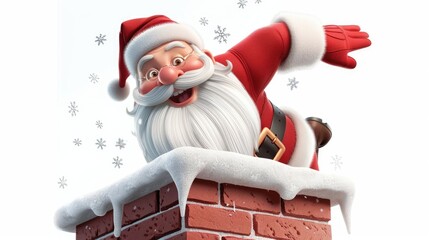 Wall Mural - Santa Claus is depicted cheerfully climbing down the chimney in a whimsical cartoon style set against a crisp white background