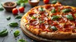© svastix - Appetizing pepperoni pizza with basil and cheese on a rustic wooden board